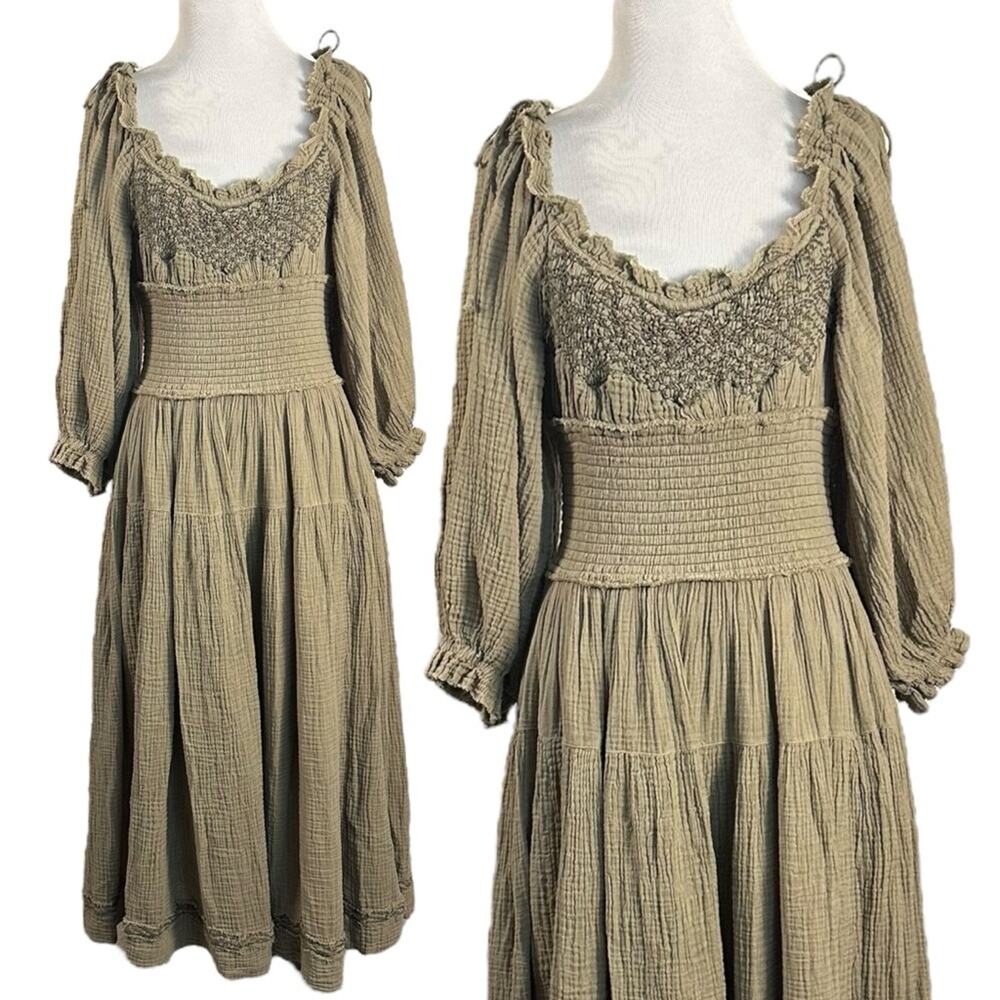 Free People Bohemian Witchy Gypsy Midi Maxi Gauze Dress Olive Small Renaissance - Picture 5 of 14